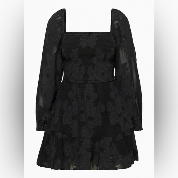 Wilfred Tempest Dress Black Floral Smocked Mini Medium Square Neck Puff Sleeve - Picture 4 of 14